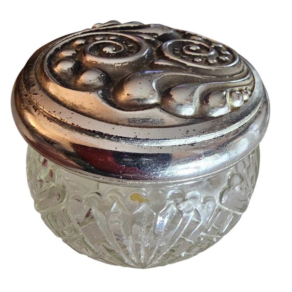 Vintage Avon Glass Trinket Jar with Embossed Silver Tone Scroll Lid
